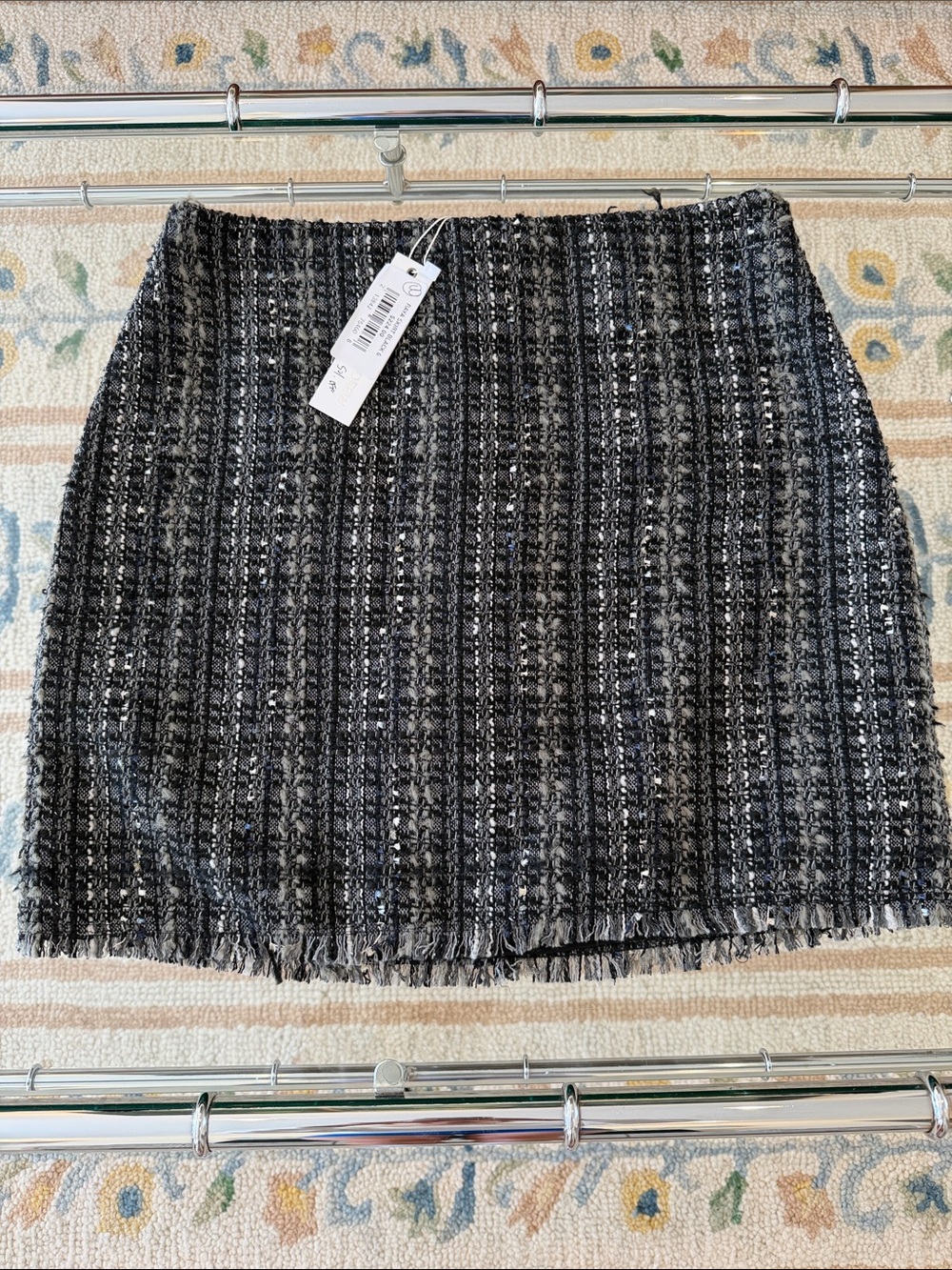 DREW Black, Navy & Gray Tweed Fringe Mini Skirt NWT
